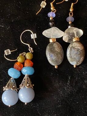 2 Pairs Handmade Blue & Orange Gemstone Beaded Drop Earrings - Women Jewelry